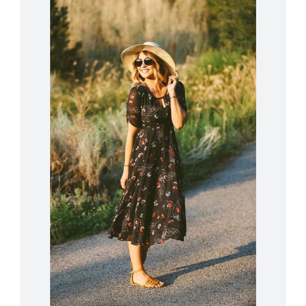 C12 Free People Afternoon Tea Floral Butterfly Midi Dress Grey Short Sleeve 2